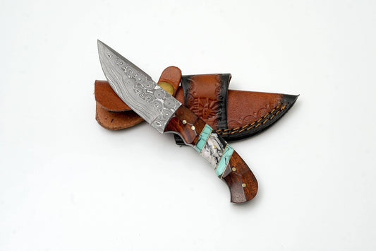 Titan Wood & Turquoise Field Knife with Leather Bolster