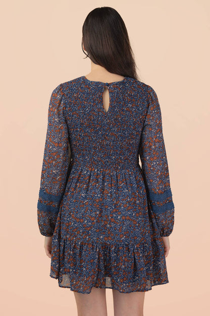 Kitty Floral Smocked Long Sleeve Navy Dress