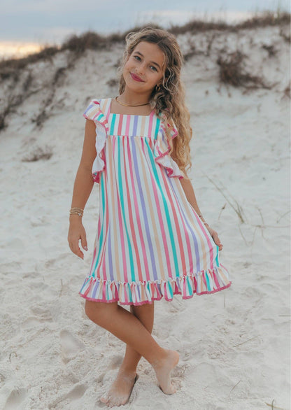 Girls Harlow Multi Stripe Ruffle Dress