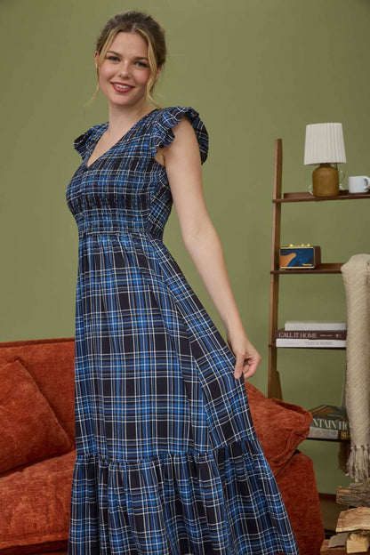Sailor Plaid Tiered Midi Navy Dress