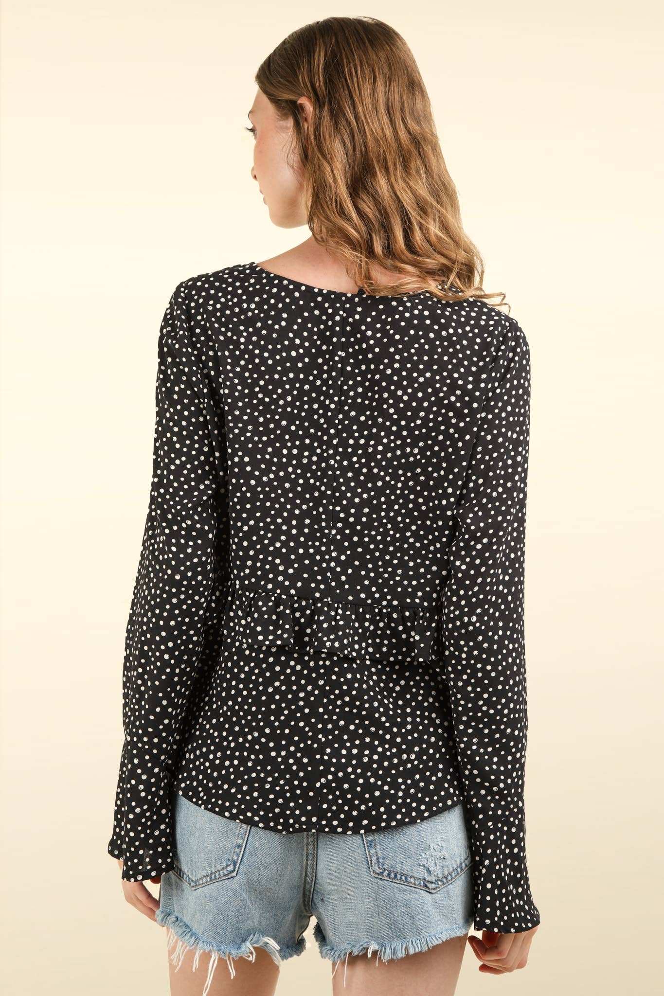 Rochelle Polka Dotted V-Neck Ruffle Blouse