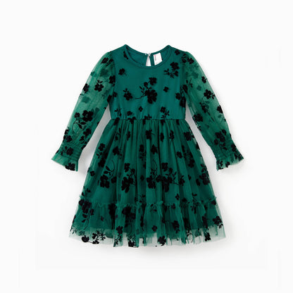 Girls Green & Black Floral Tulle Dress