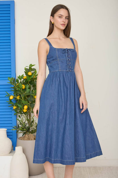 Everdeen Lace-up Denim Midi Dress