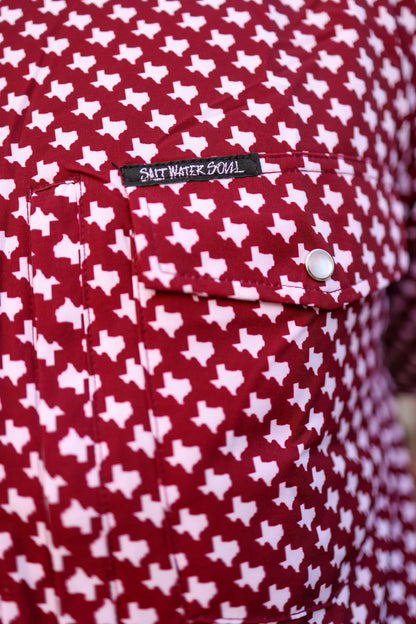 Mens Salt Water Soul TX Pearl Snap Maroon Fishing Shirt