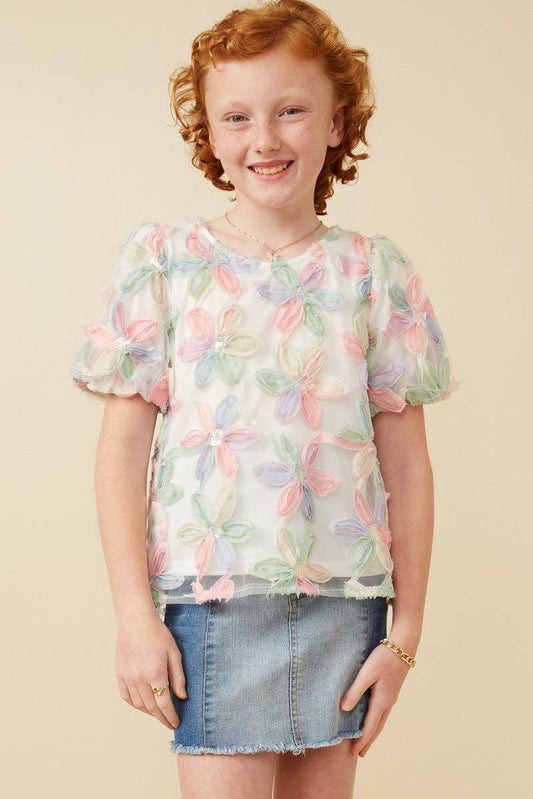 Girls Sequined Floral Applique Blouse