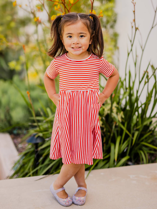 Girls Striped Pocket Red Dress