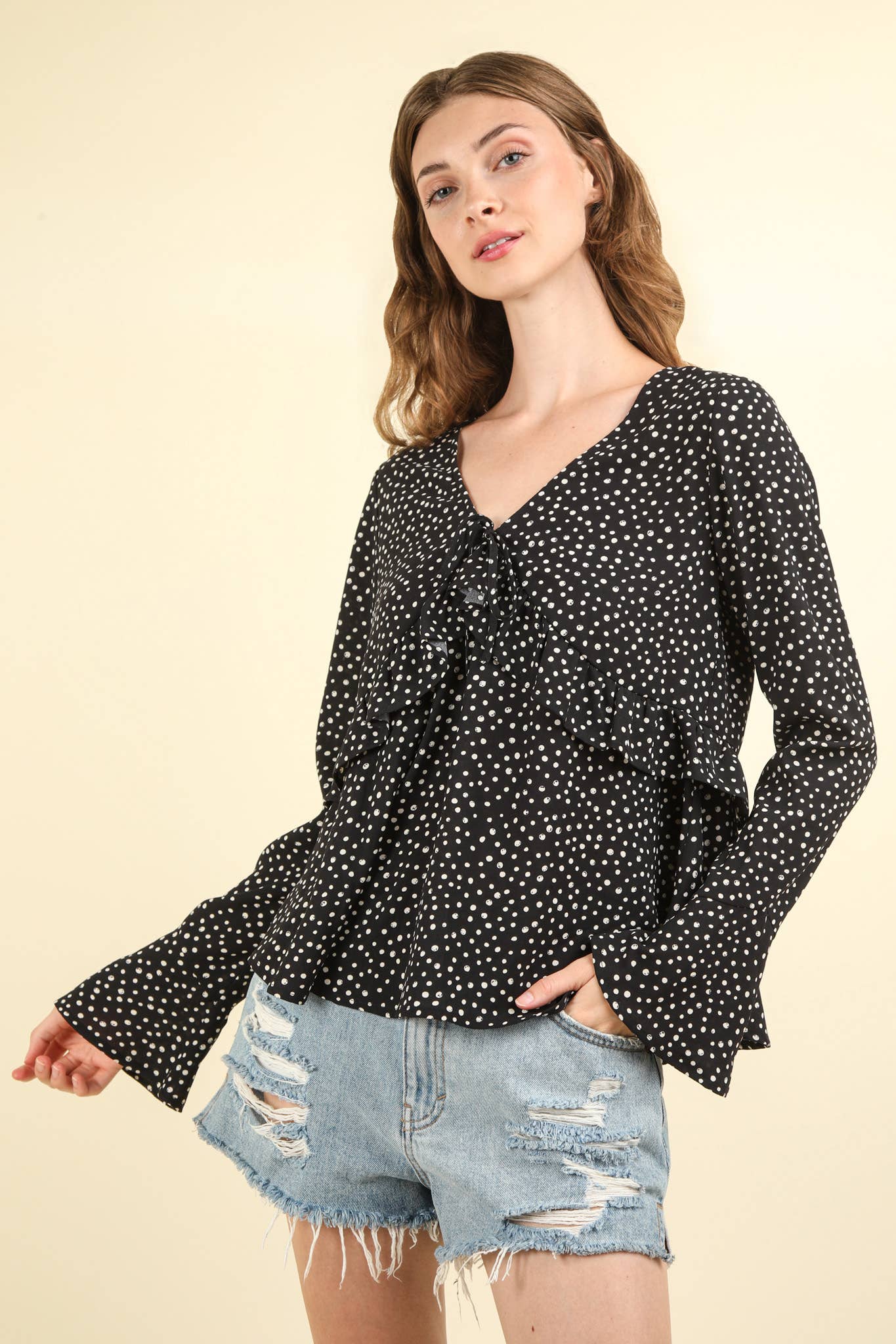 Rochelle Polka Dotted V-Neck Ruffle Blouse