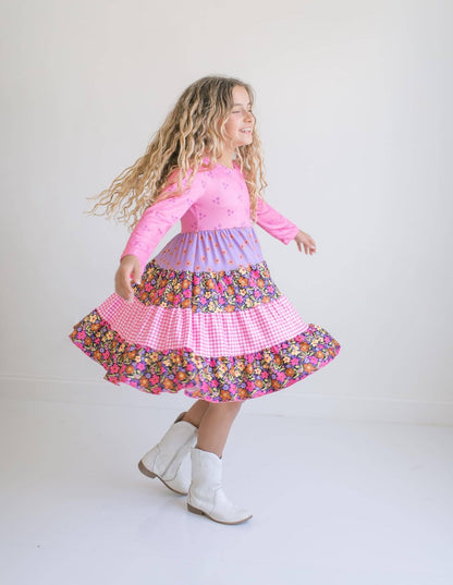 Girls Pink Gingham Floral Tiered Dress