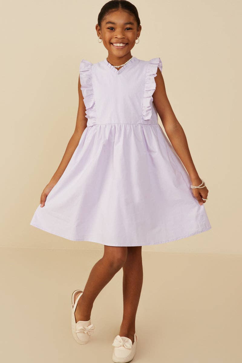 Girls Ruffle V-Neck Lavendar Dress