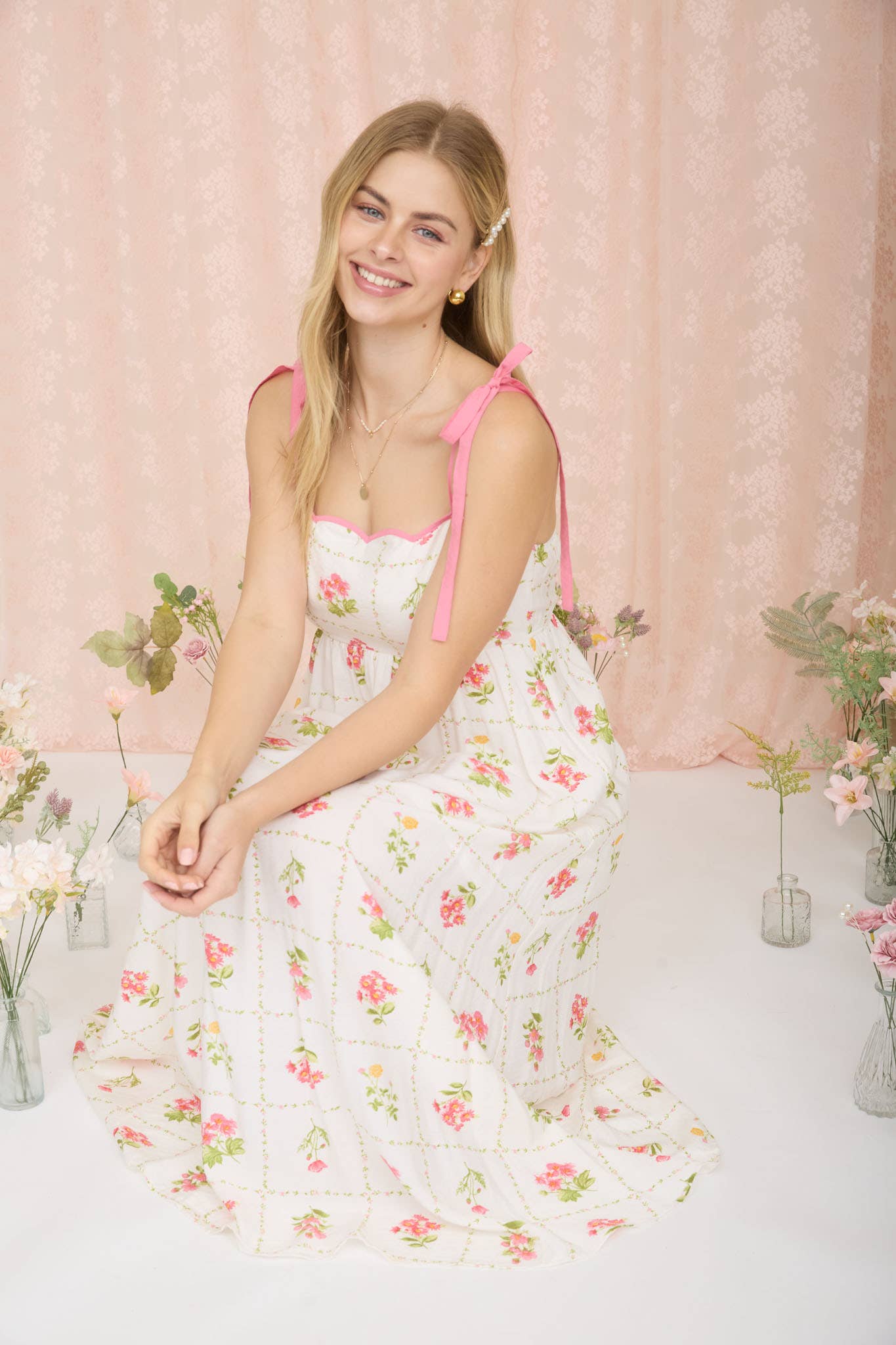 Wren Scalloped Tile Wildflower Pink Midi Dress