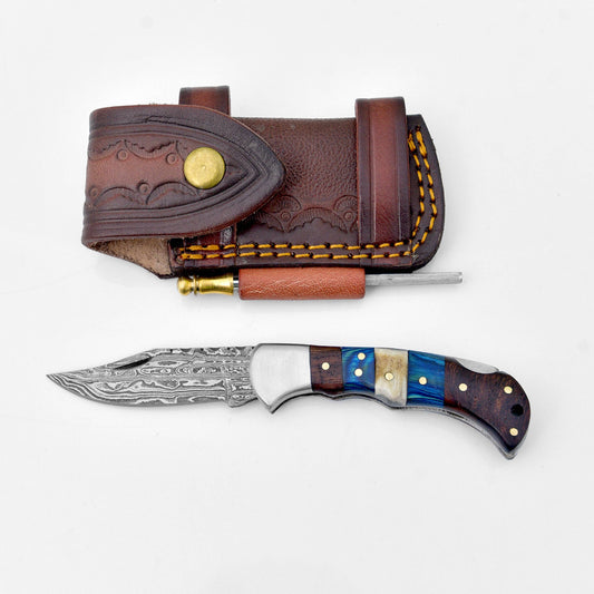 Titan Walnut & Blue Folding Knife with Leather Sheath & Sharpening Steel