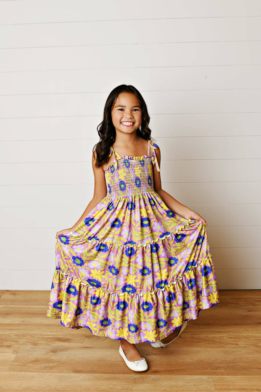 Girls Anna Lilac Flower Smocked Tiered Maxi Dress