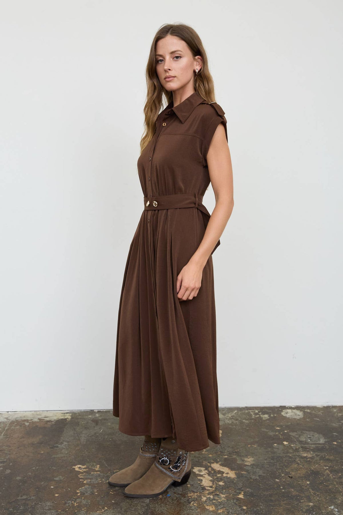 Nelle Belted Buttondown Brown Midi Dress