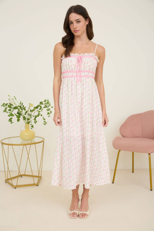 Clementine Bow Floral Pink Midi Dress