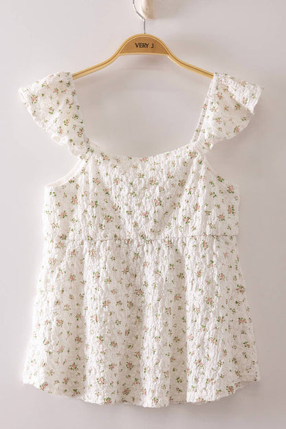 Jillian Textured Floral Flutter Sleeve Blouse