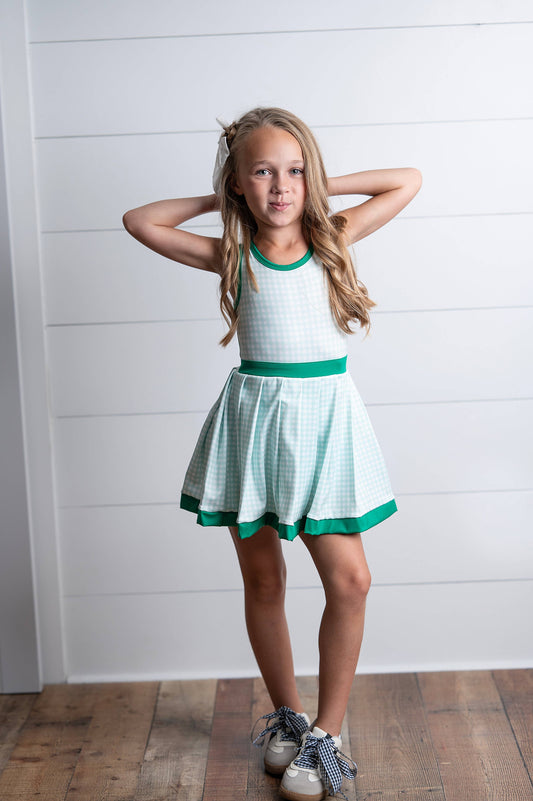 Girls Gingham Green Tennis Dress