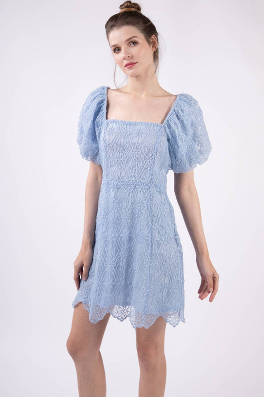 Lima Lace Puff Sleeve Blue Dress
