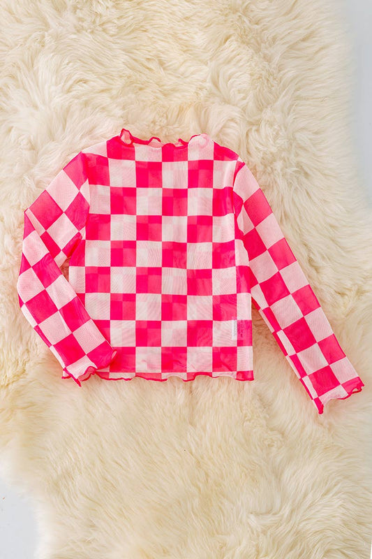 Girls Mesh Hot Pink Checkered Top