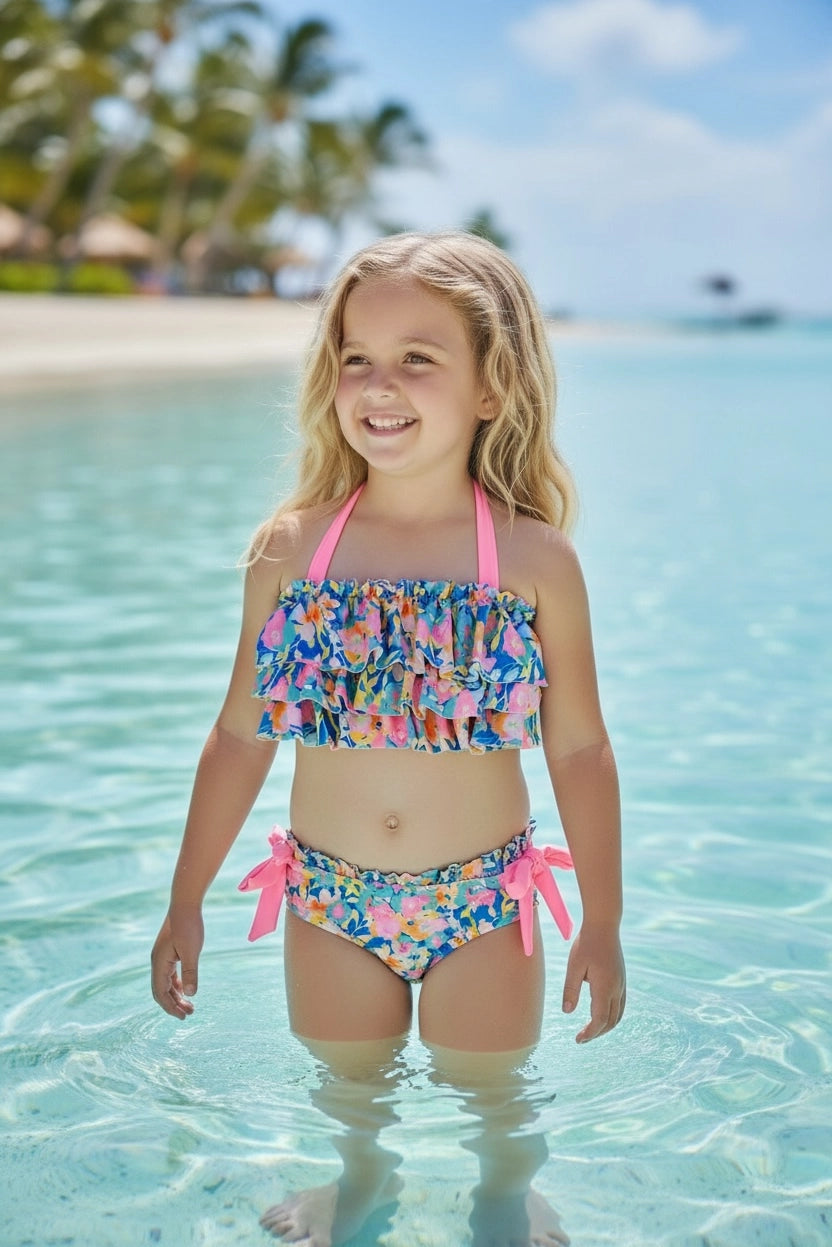 Girls Max Ruffle Floral Pink Tie Bikini