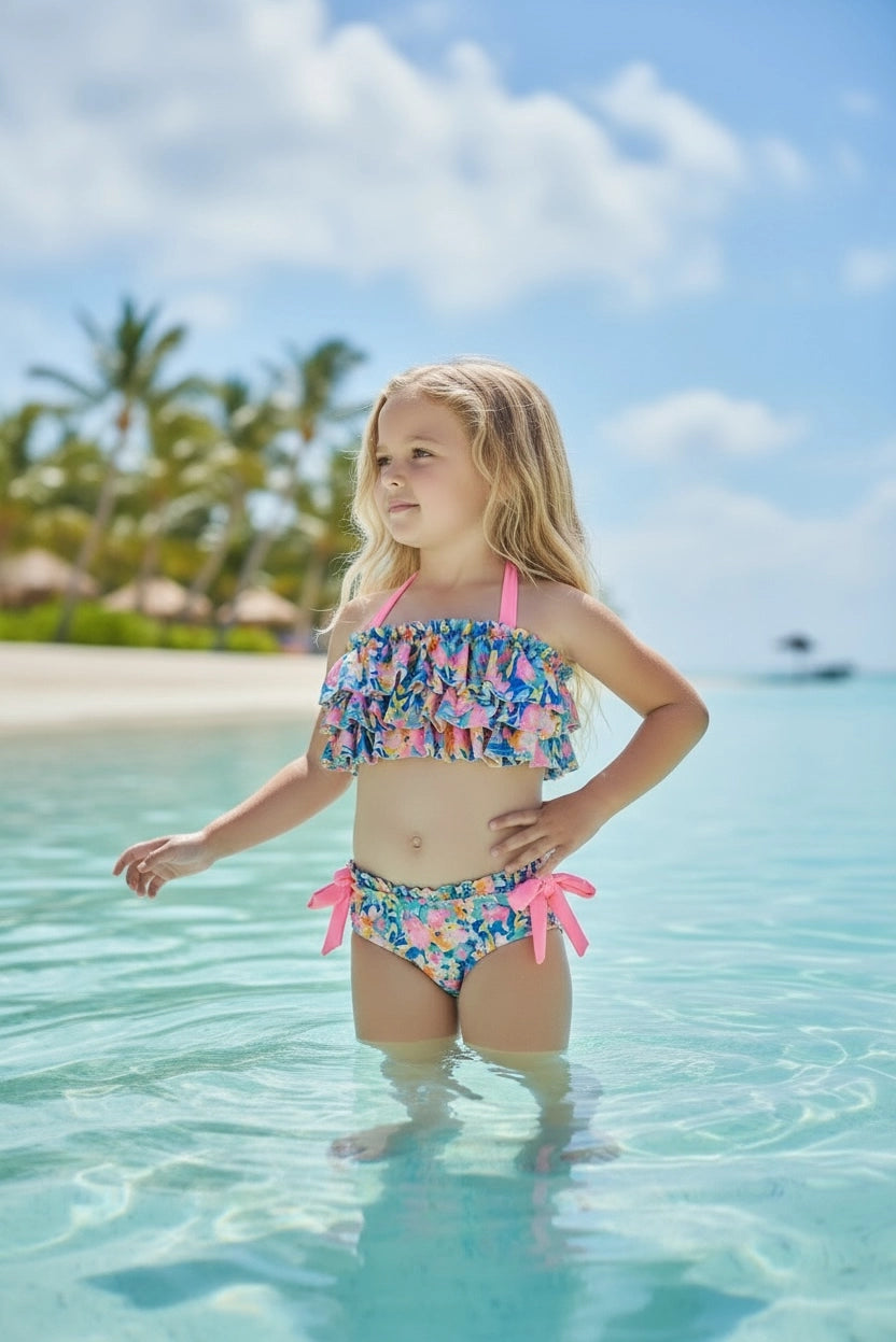 Girls Max Ruffle Floral Pink Tie Bikini