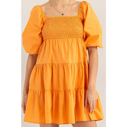 Aristella Smocked Bubble Sleeve Orange Dress