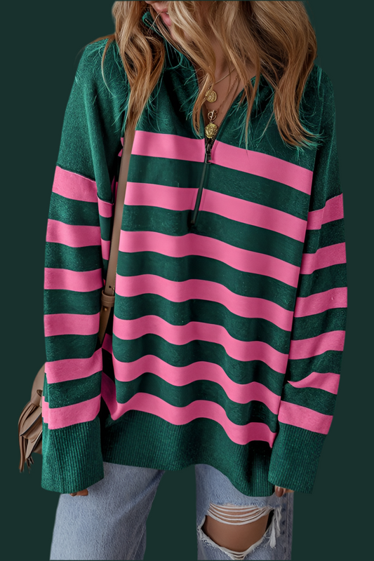 Hamden Pink & Teal Striped Quarter Zip Sweater