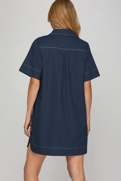Tempest Contrast Stitch Buttondown Navy Dress