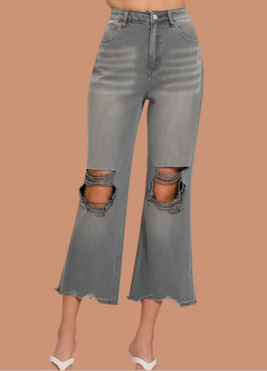 Zenana Kelso Charcoal Distressed Wide Leg Jeans