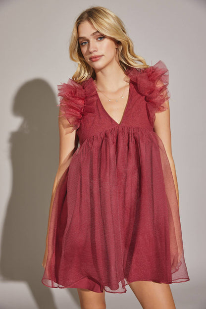Dara Feather Babydoll Burdundy Romper Dress