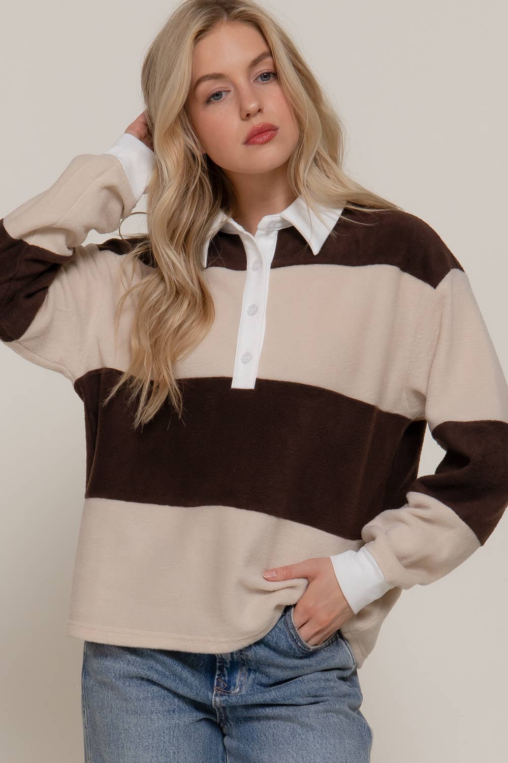 Landry Fleece Striped Collared Top