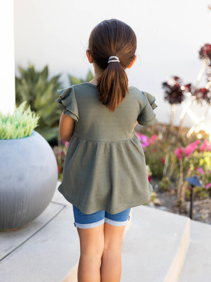 Girls Flutter Sleeve Waffle Peplum Blouse