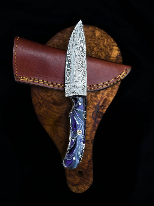 Titan Damascus Purple Handle with Leather Bolster