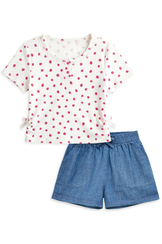 Toddler Girls Lace Chambray Short Strawberry Set