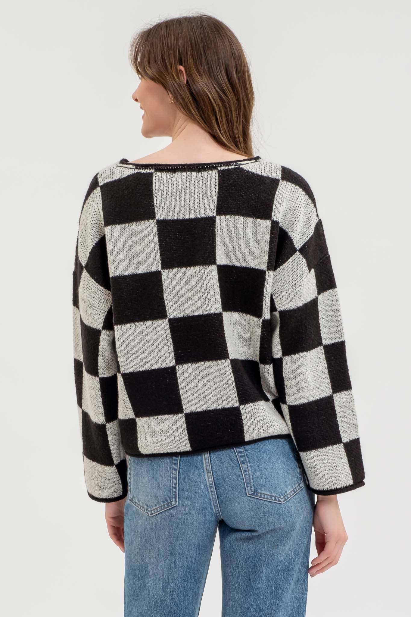 Carlin Checkered Split Neck Sweater