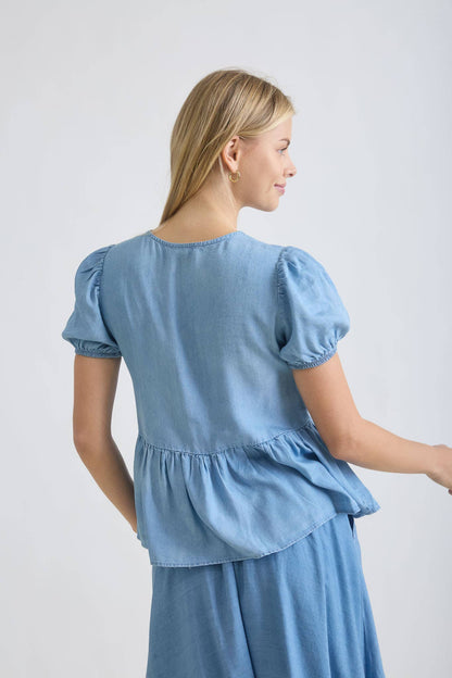 Mavis Chambray Bow Peplum Blouse