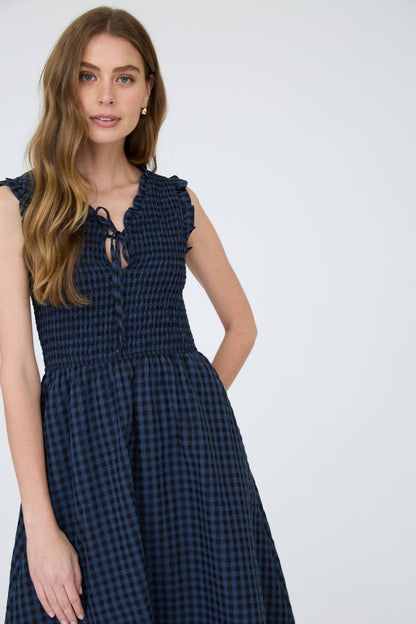 Ruthie Plaid V-neck Navy Midi Dress