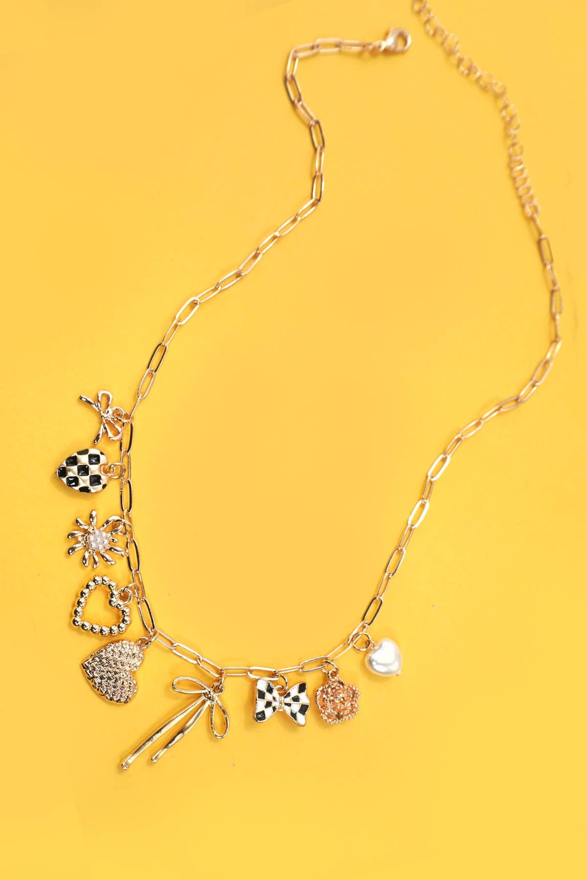 Constance Pearl Heart Bow Checkered Charm Necklace