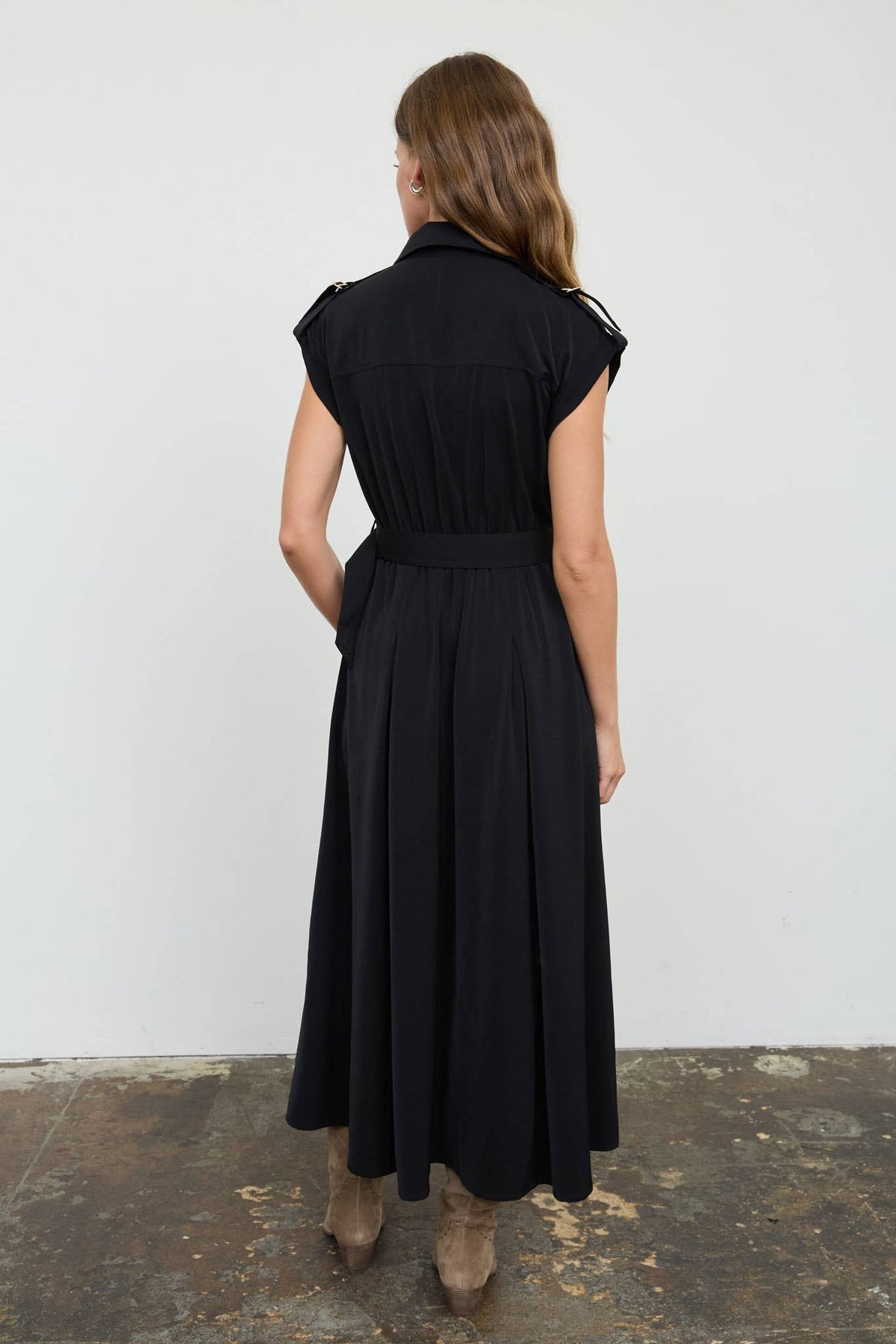 Nelle Belted Buttondown Black Midi Dress