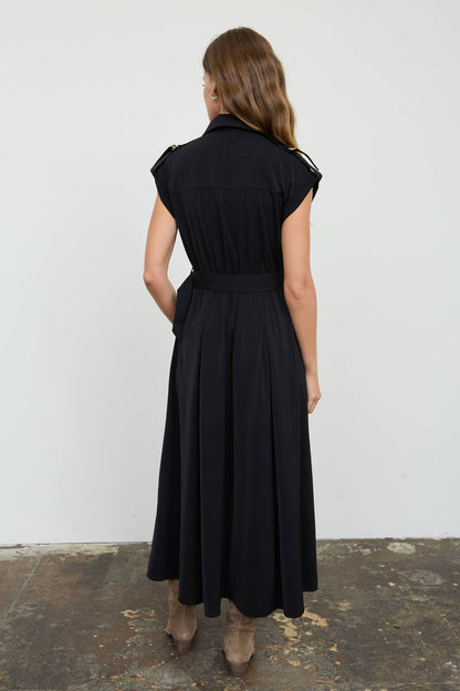 Nelle Belted Buttondown Black Midi Dress