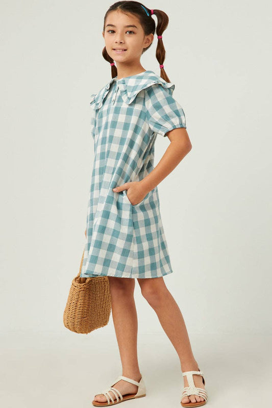 Girls Gingham Bib Blue Dress