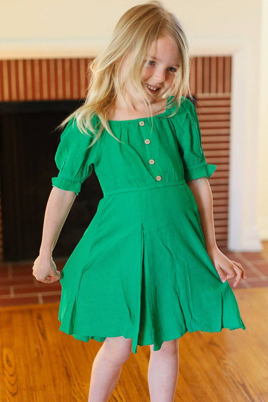 Girls Green Button Square Neck Dress