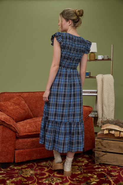 Sailor Plaid Tiered Midi Navy Dress