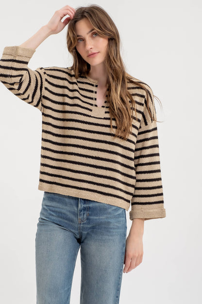 Versailles Striped Split Neckline Sweater