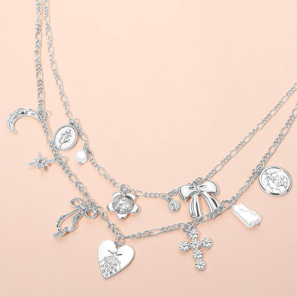 Darya Layered Whimsy Charm Silver Necklace