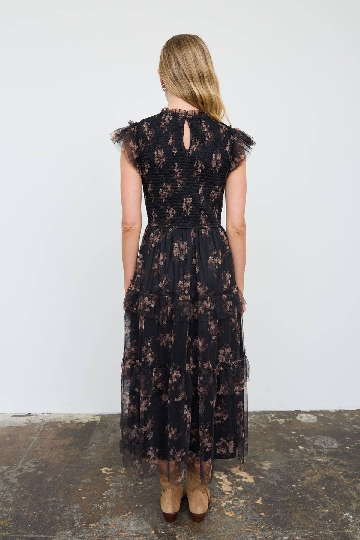 Grace Floral Sheer Overlay Black Midi Dress