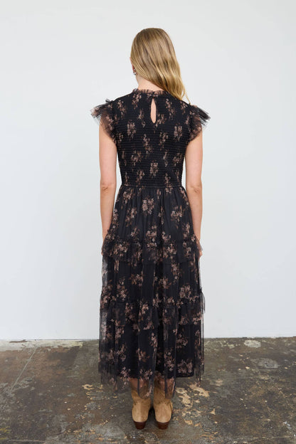 Grace Floral Sheer Overlay Black Midi Dress