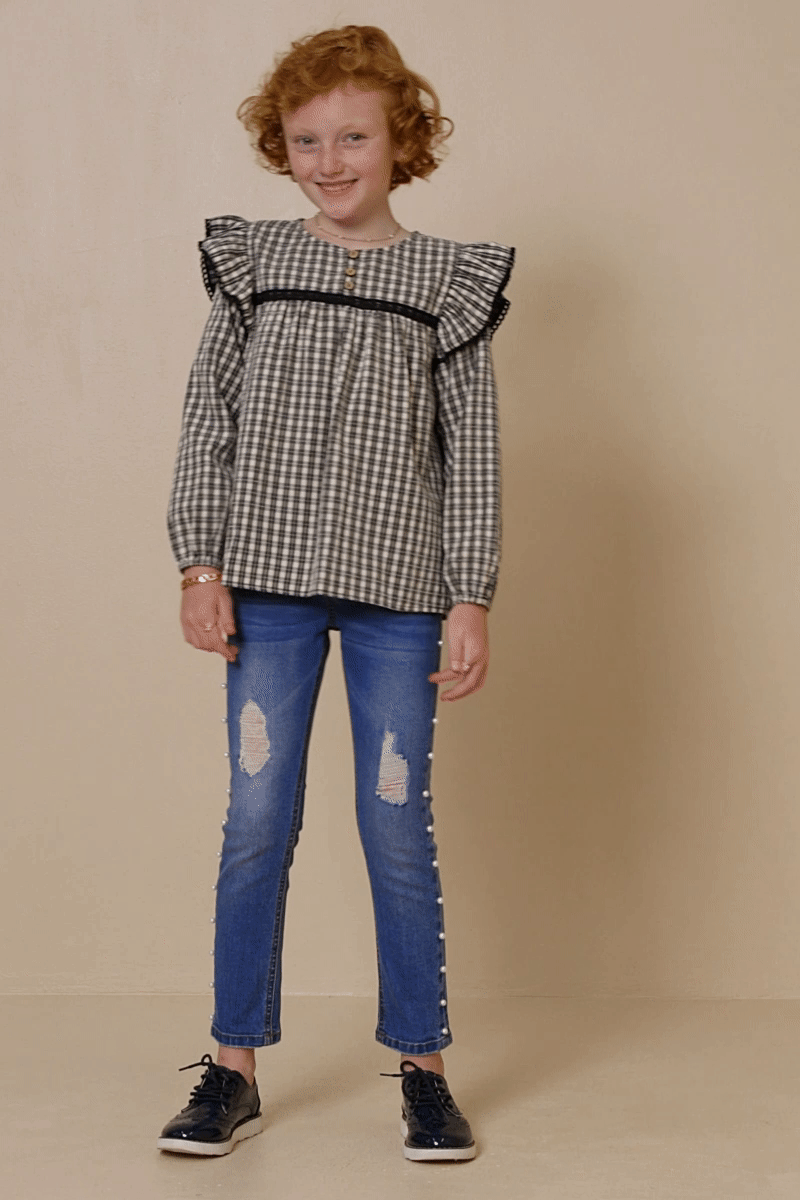 Girls Plaid Lace Longsleeve Blouse