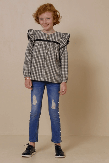 Girls Plaid Lace Longsleeve Blouse