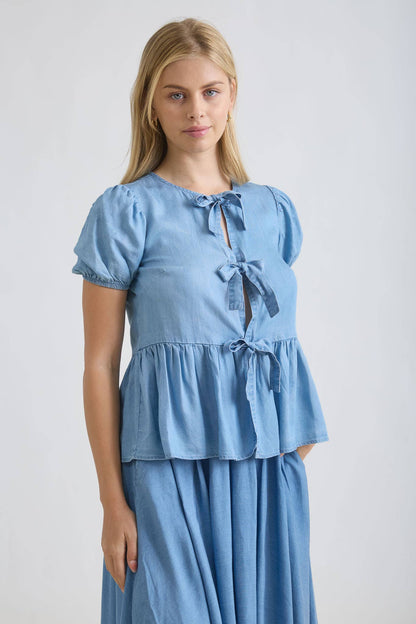 Mavis Chambray Bow Peplum Blouse