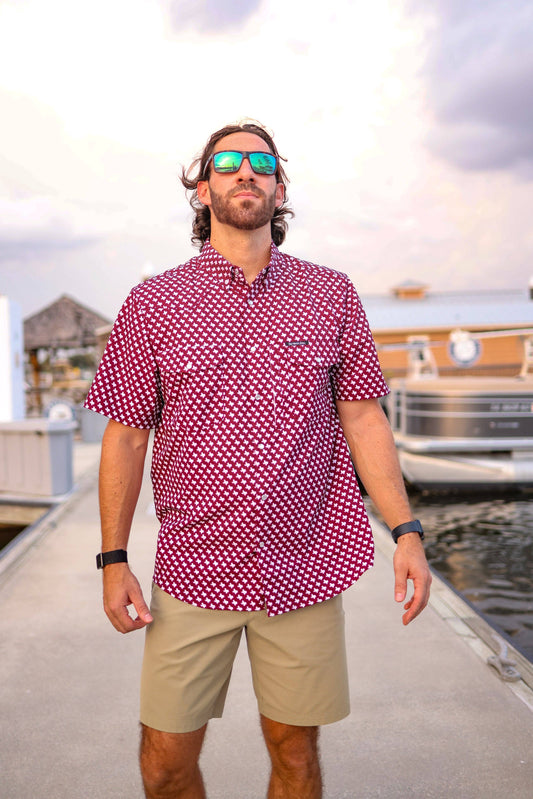 Mens Salt Water Soul TX Pearl Snap Maroon Fishing Shirt